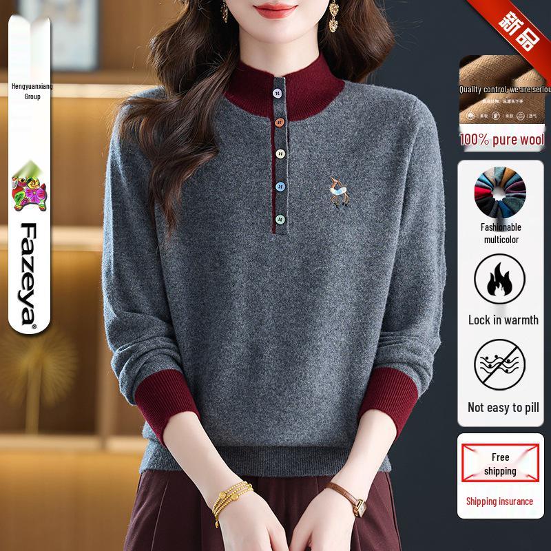 Hengyuanxiang Women's Pure Wool Round Neck Long Sleeve Sweater - Stylish Loose Knitwear for Mom
