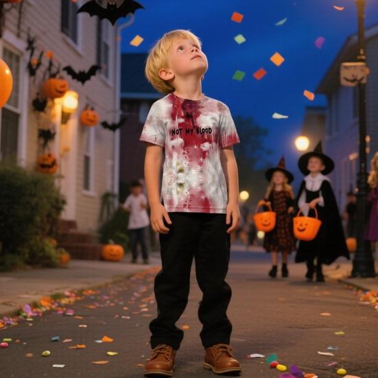 Kids Halloween T-shirt Blood Stain Print Tee Shirt Spooky Crew Neck Short Sleeve T-shirt for Horror Themed Party Costume Street Wear