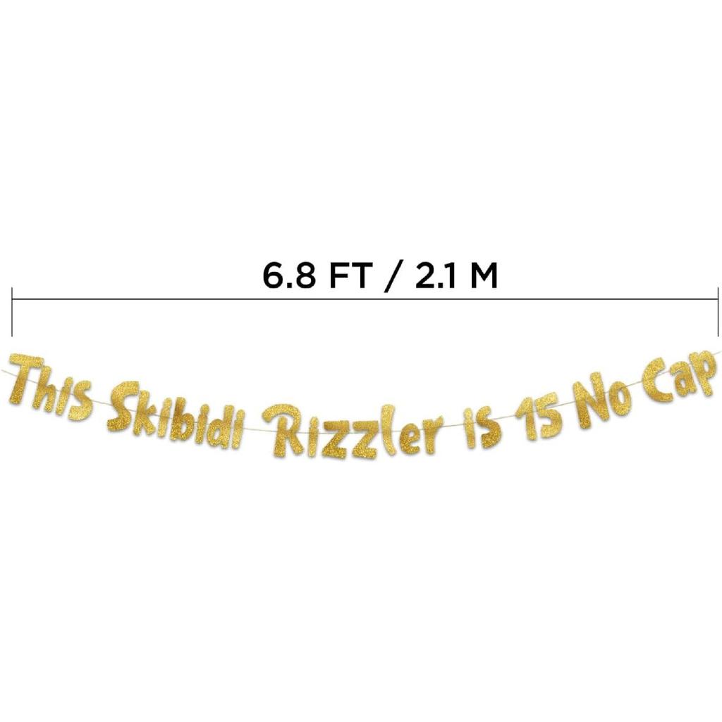 This Skibidi Rizzler is 16 No Cap Gold Glitter Banner - 16th Birthday Party Supplies, Ideas, Gifts and Decorations