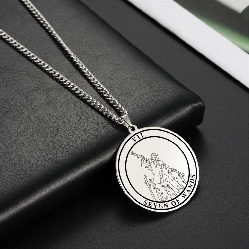 Arcana Tarot Pendant Necklaces Stainless Steel Round Tarot Cards Necklace for Men Vintage Astrology Jewelry Gift