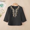 ZANZEA Women Casual Embroidery V-Neck Loose 3/4 Sleeve Blouse