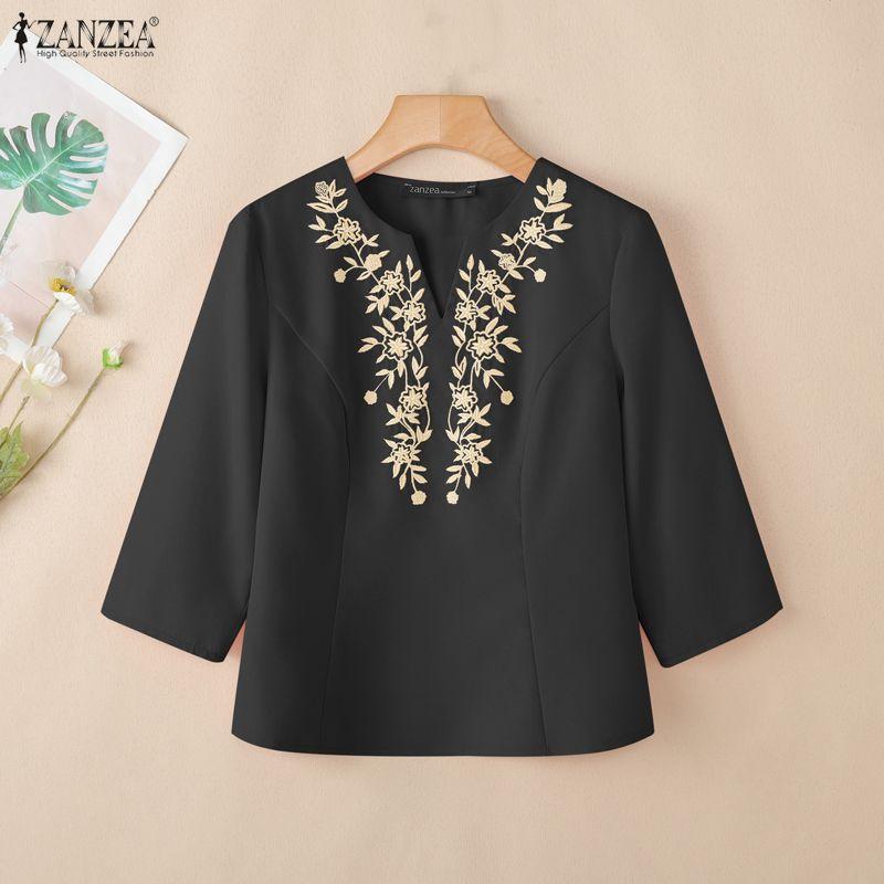 ZANZEA Women Casual Embroidery V-Neck Loose 3/4 Sleeve Blouse