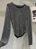 Casual Diamond Bright Design Long Sleeve T-shirt For Women Irregular Round Neck Simple Top 2026 Autumn Female New 11XX5835