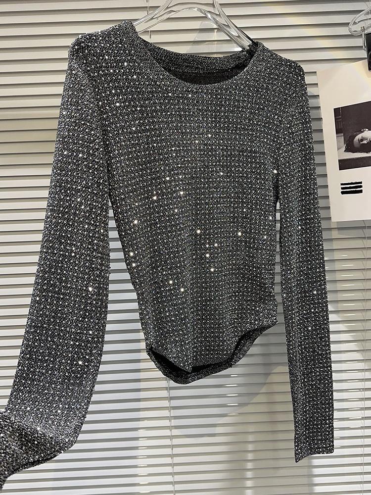 Casual Diamond Bright Design Long Sleeve T-shirt For Women Irregular Round Neck Simple Top 2026 Autumn Female New 11XX5835