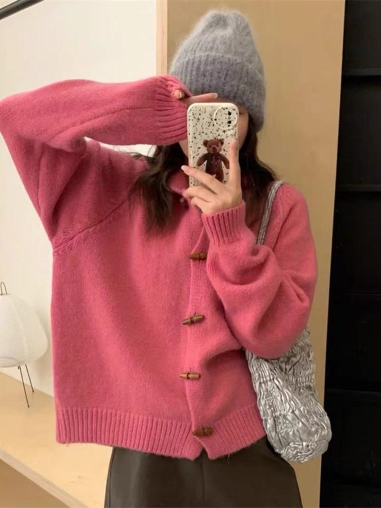 Autumn and winter new retro hooded horn buckle knitted cardigan women's soft waxy solid color loose age-reducing sweater jacket