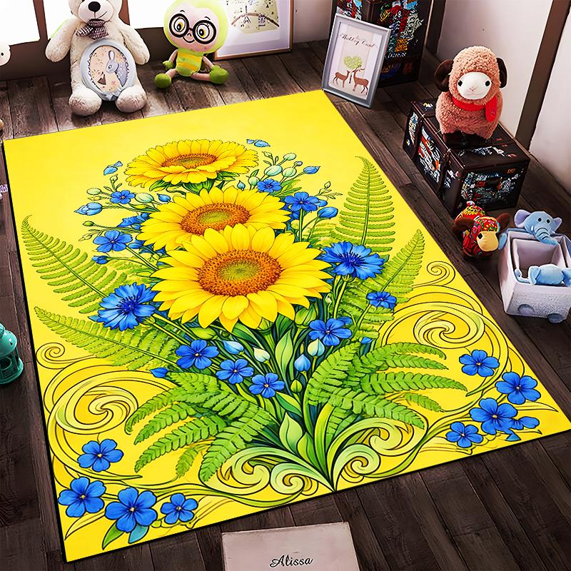 Yellow Floral Carpet with Sunflowers, Blue Flowers, and Green Fern Design Suitable for Use As an Anti-slip for Living Room Bedroom Sofas