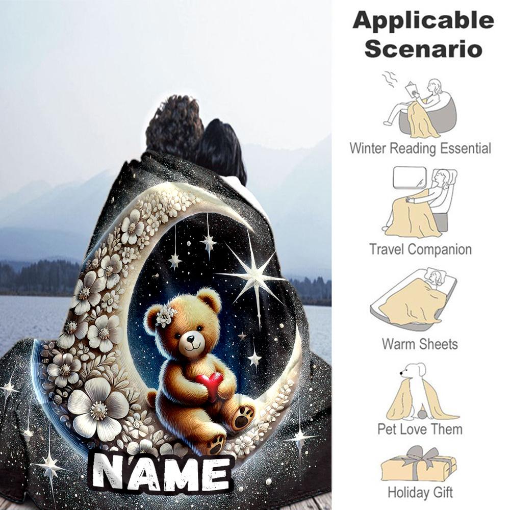 Moon Flower Bear Personalized Text Blanket Multi-purpose Personalized Blanket Comfortable Perfect for Seaside Livingroom Sofa Picnics All-Season Use