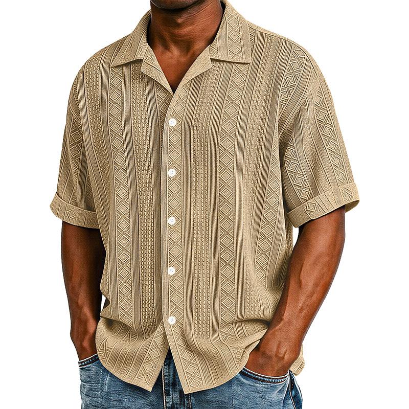 Men Cuban Collar Geometric Jacquard Full Button Short Sleeve Casual Shirt