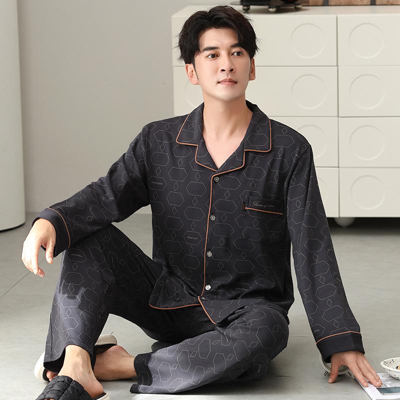 Men'S Pajamas Spring And Autumn Cotton Long-Sleeved Dad Fattened Plus Size Men'S Loungewear Suit