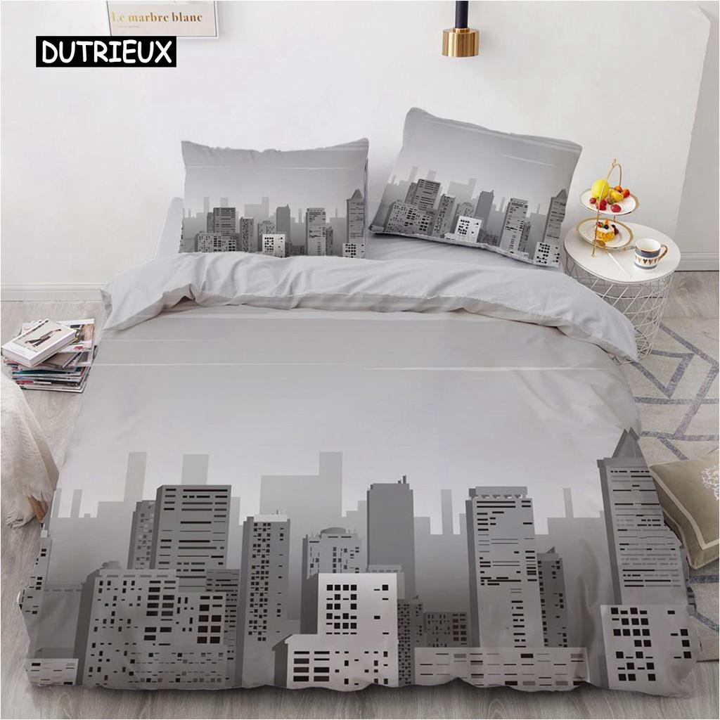 Urban Night View Duvet Cover Set Brightly Lit Night Scene Bedding Set for Teens Adults Queen Size Soft Microfiber Quilt Cover
