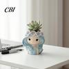 Unique Resin Planter with Flower Garland Cute Girl Planter, Blue Hair Head Small Succulents for Desk Decorative Plant Pot Cacti Indoor Plants