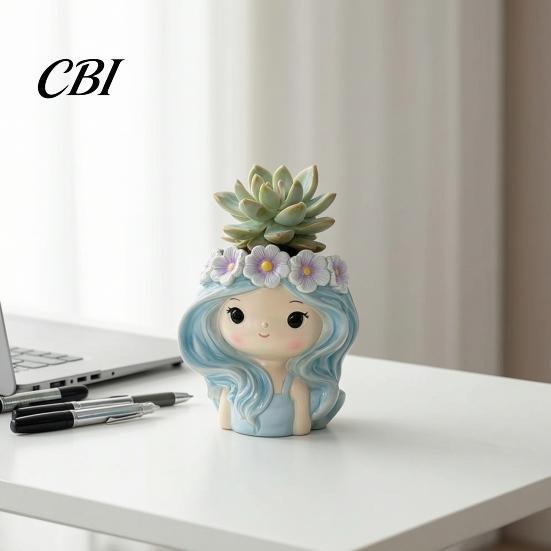 Unique Resin Planter with Flower Garland Cute Girl Planter, Blue Hair Head Small Succulents for Desk Decorative Plant Pot Cacti Indoor Plants