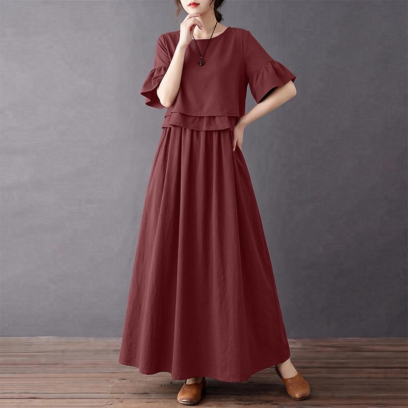 ZANZEA Women Elegant Round Neck Loose Casual Half Sleeve Dress
