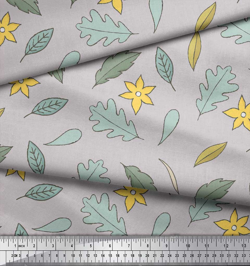 Soimoi Gray Japan Crepe Satin Fabric Leaf Floral Decor Fabric Printed Metre 42 Inch