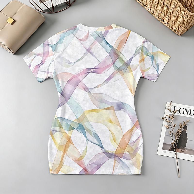 Women's Short Sleeve Mini Dress Summer Vibes,Colorful Line Design,V-Neck Fitted,Soft Comfortable,Ideal for Beach Vacation Daily Wear