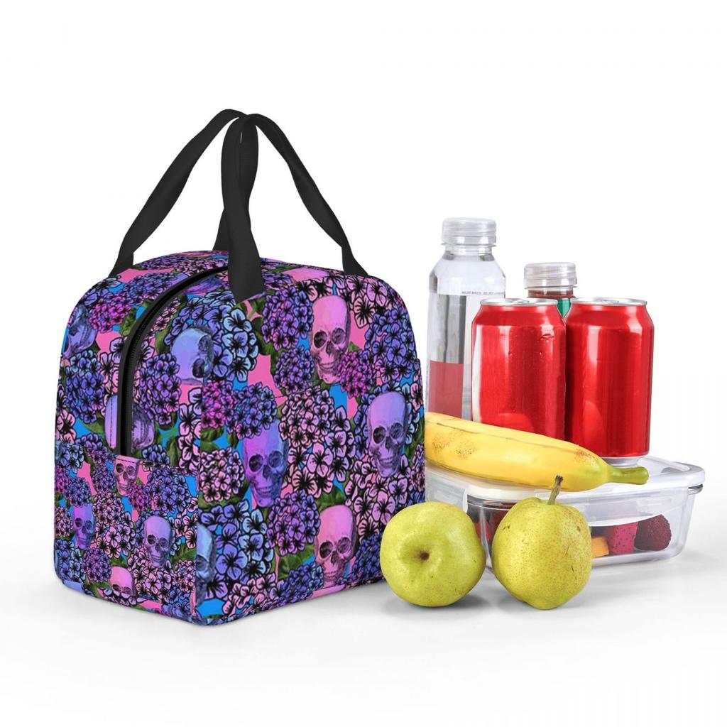 Gothic Violet Flower Skull Pattern Insulated Lunch Bag for Women Children Portable Food Boxes Thermal Lunch Box Tote