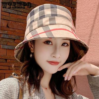 Damen Koreanischer Stil Modischer Vielseitiger Hut mit Kleiner Krempe Kariert Beliebter Japanischer Fischerhut Britischer Zylinder
