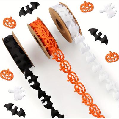 3 Rolls 15 Yards Halloween Ribbons, Black White Orange Halloween Ribbons Pumpkin Bat Ghost Shape Craft Ribbons Trim Embellishment for Gift Wrapping