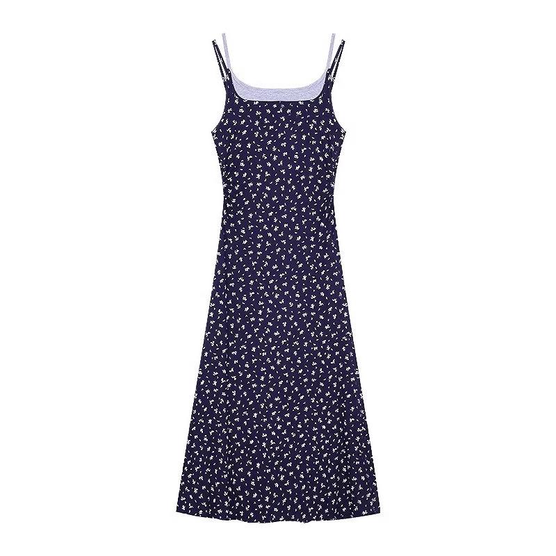 Blue gentle wind floral suspender dress women's summer seaside design feeling waist slim swing skirt long skirt