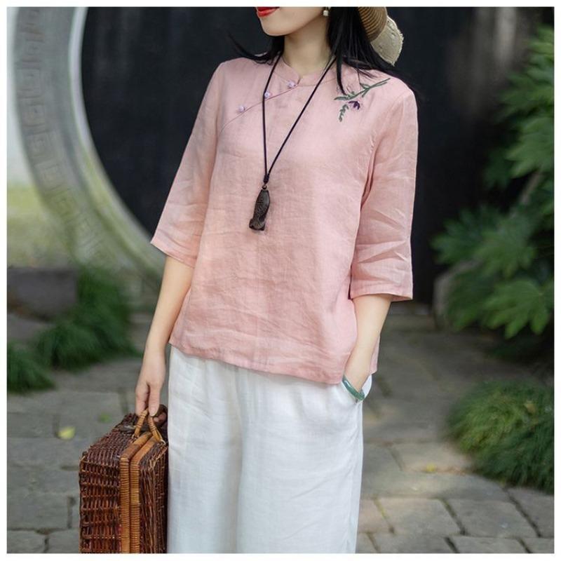 Women's Linen Floral Embroidery Blouse Loose 3/4 Sleeve Casual Top