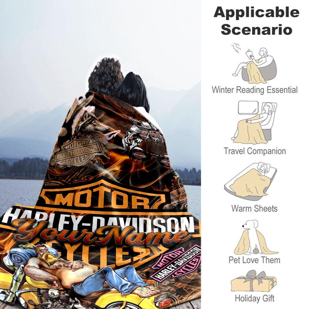 Harley-davidson Motorcycles Personalized Name Blanket Throw Customizable Blanket Soft Warm Cozy Suitable for Nap Bedding Sofa Home Decor
