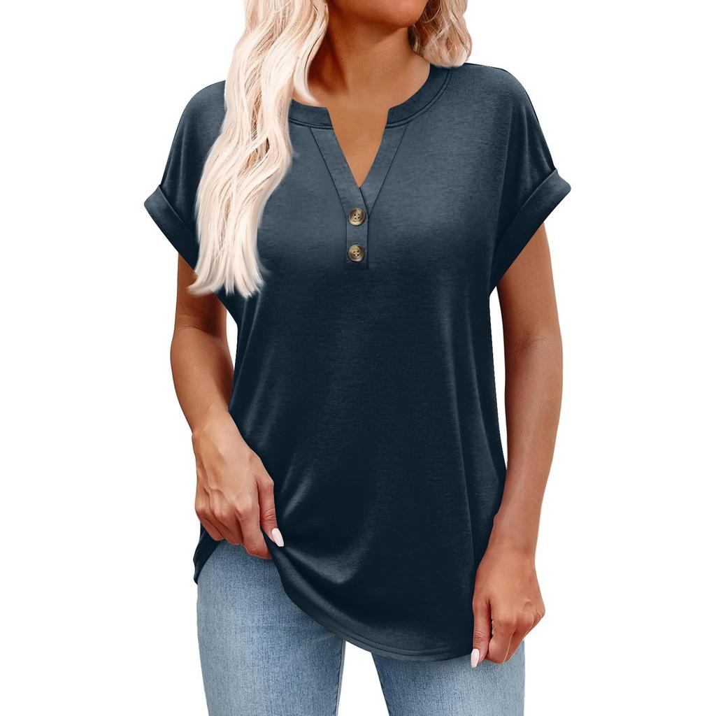 Women's Fashionable Casual Short-sleeved V-neck Button Printed Pullover Top