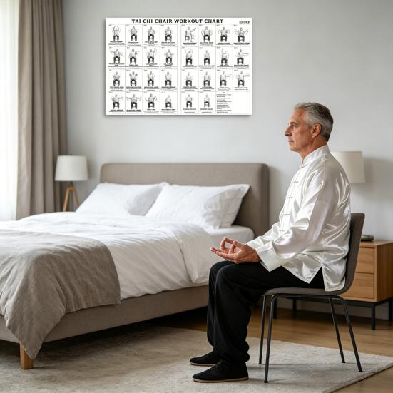 2 Stück Stuhl Tai Chi Trainingsplan 30 Tage Anfänger Senioren Sitzende Übung Poster Leinwand Wandkunst Heim-Fitnessstudio Wohnzimmer Dekoration