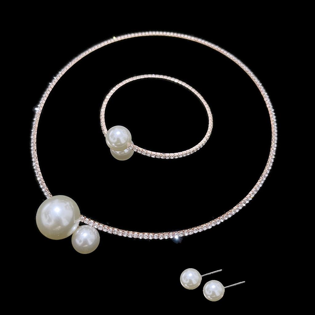 Artificial Pearl Jewelry Set With Diamondaccented Necklace Earrings And Bracelet For Women