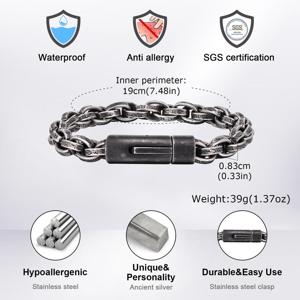 Chunky Twisted Chain Bracelets for Men Boys,Stainless Steel Antique Grey Handmade Wristband,Rock Punk Jewelry Gifts
