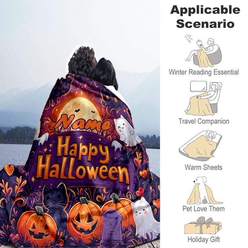 1PC Custom Name Happy Halloween Night outdooor Flannel blankets Throw Blanket All-Season Throw Gift Bedspread for Couch, Bed, Camping Holiday Birthday