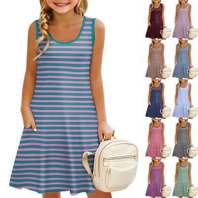 Children's Sleeveless U-neck Summer Striped A-line Casual Holiday Dress