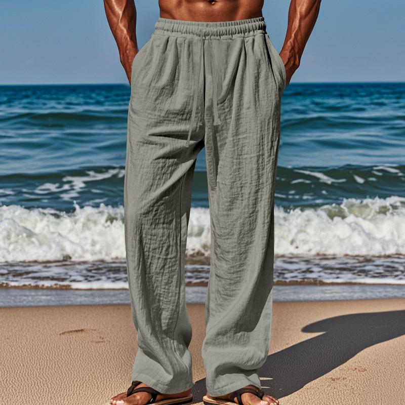 Herren Sommer Baumwollhosen Leicht Atmungsaktiv Reine Baumwolle Kordelzug Locker Gerade Strandurlaub Freizeit Hosen M-4XL 2XL grau