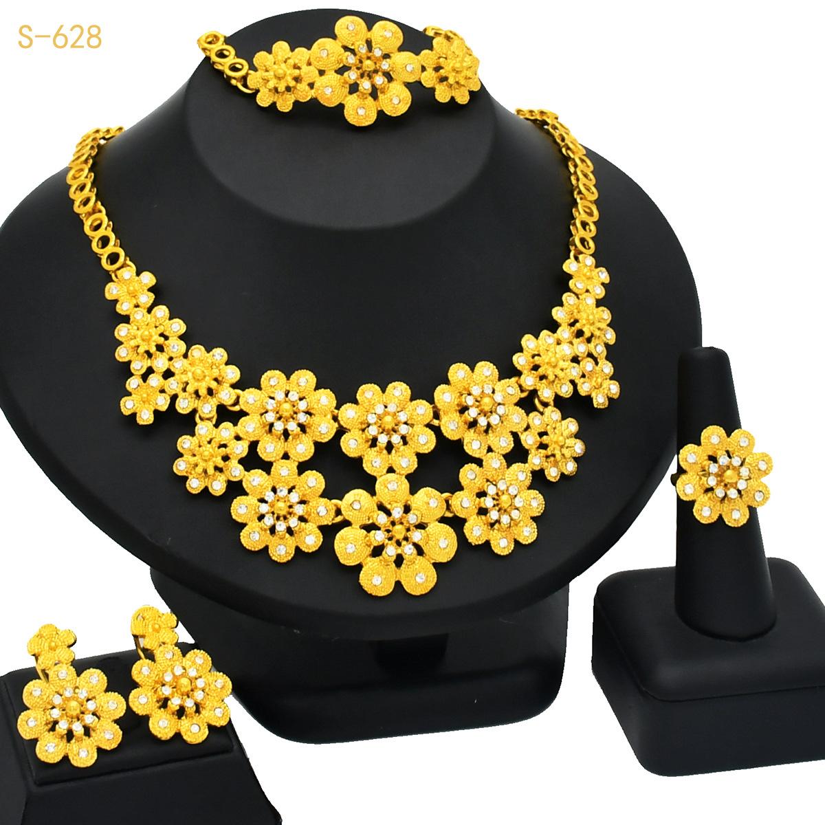 2026 India Gold Plated Diamond Bridal Jewelry Four Piece Necklace Earrings Bracelet Ring Jewelry 45cm