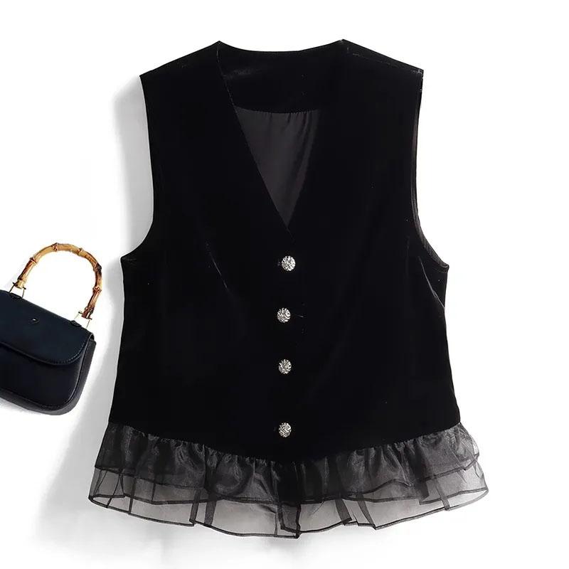 

Gold Velvet V Neck Women s Vest Elegant Solid Color Outwear Sleeveless Jackets Female M