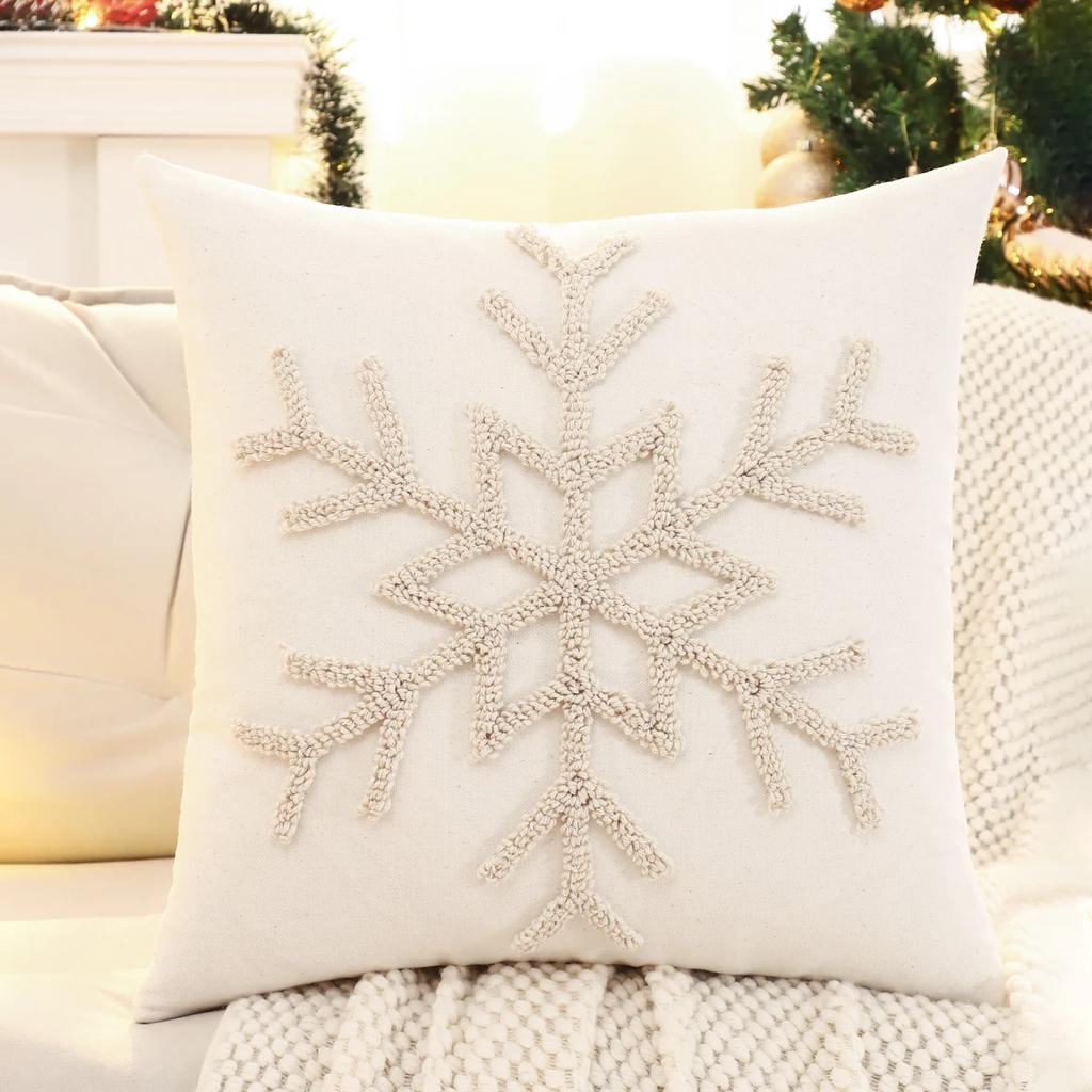 Christmas Decoration Throw Pillow Cover Embroidery Canvas Tufted Snowflake Reindeer
