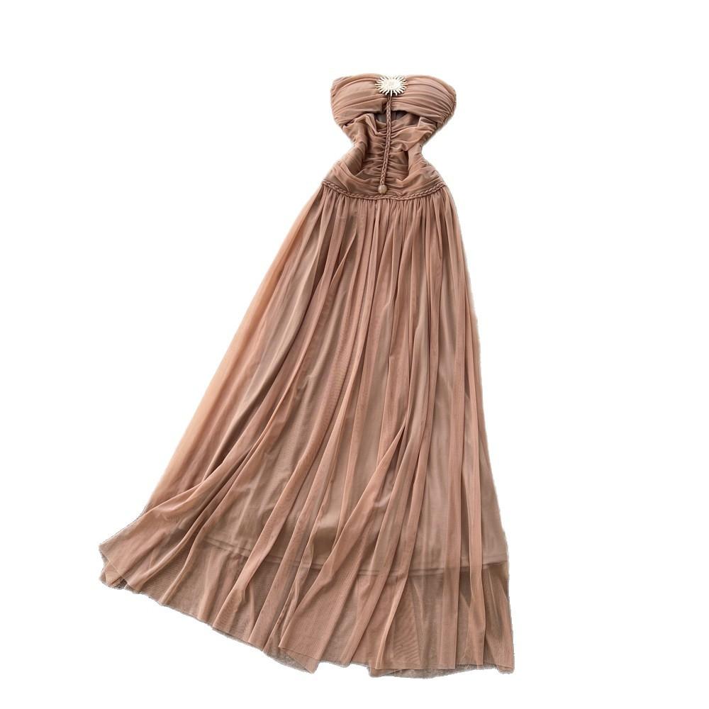 French sleeveless tube top pleated dress women's summer high waist waist thin temperament long mesh dress skirt