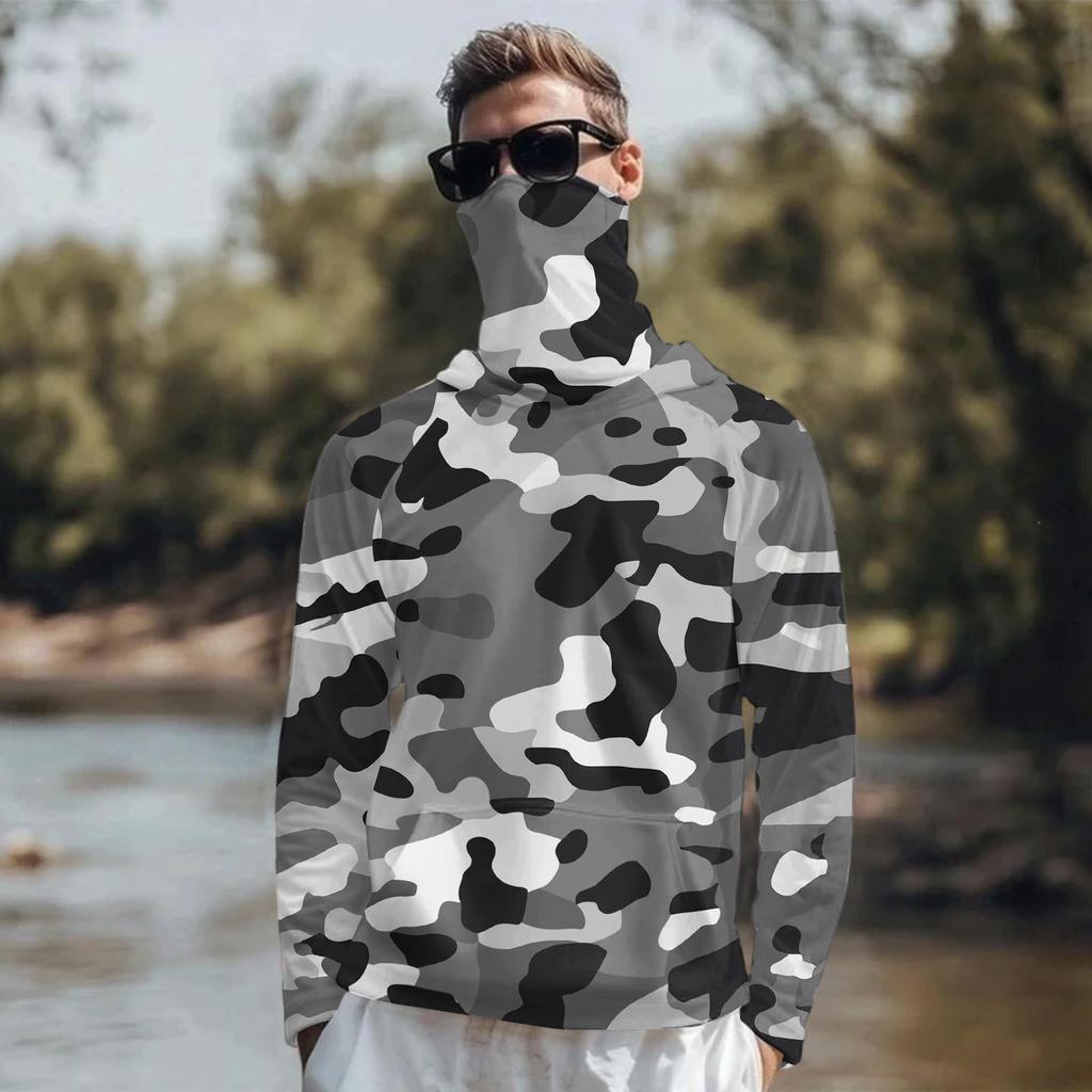 Maglia da Sole Leggera a Maniche Lunghe con Cappuccio e Copertura Facciale Integrata, Traspirante, Resistente ai Raggi UV, Top da Pesca e per Attività all'Aperto da Uomo
