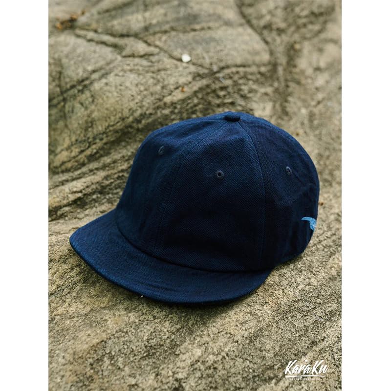 [karaku] [Indigo dye series] Cotton linen ball cap with toucan embroidery