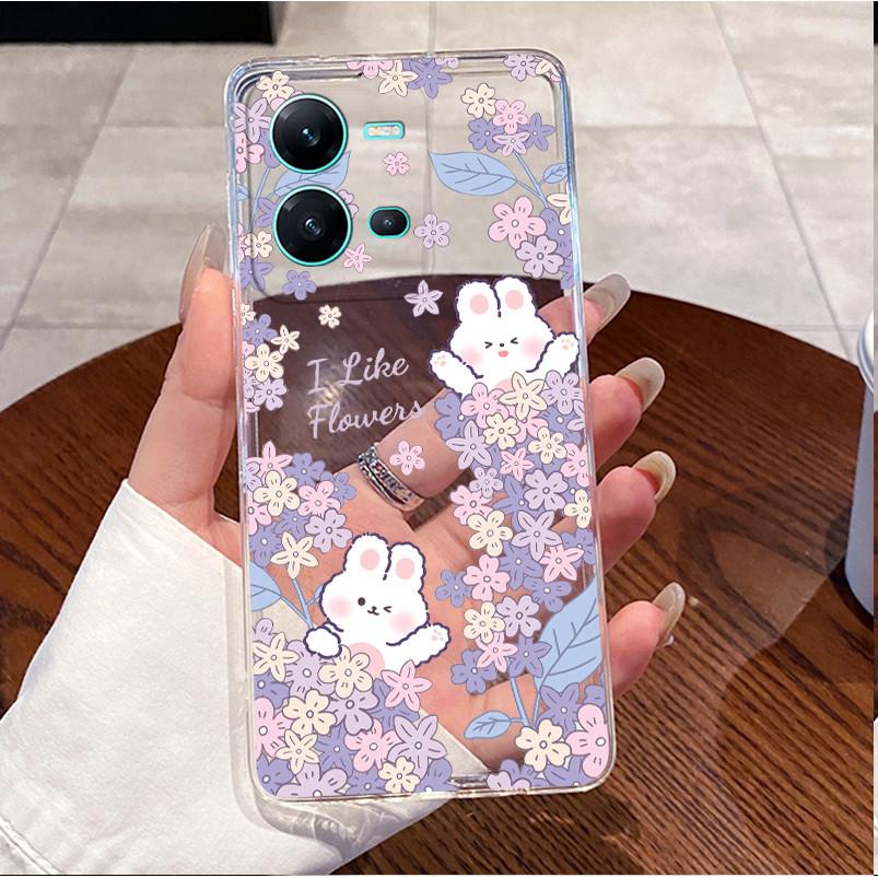 Phone Case For Vivo V25 Y35 Casing Luxury Cute Love Heart Rabbit Funny Pattern Transparent Silicone TPU Soft Shell Back Cover
