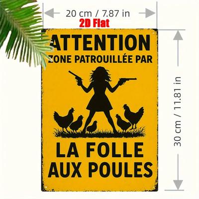 Playful Chicken Silhouette Metal Sign - 1pc 2D Flat French "Attention..." 7.8x11", Farm Ranch Home Decor, Ideal Friend Gift
