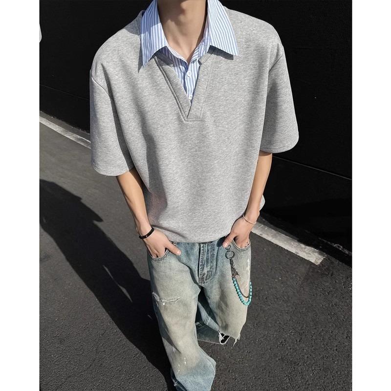 Fake two-piece shirt collar short-sleeved T-shirt men's summer new design sense versatile ruffian handsome loose half-sleeved T-shirt tide