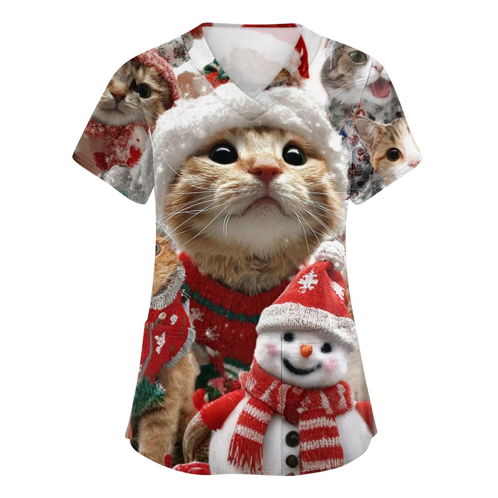 Women's V-neck Christmas printed short-sleeved pocket side-slit protective suit top