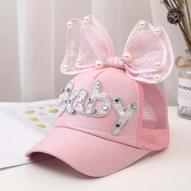 Children Big Bow cartoon Baseball Cap Cute Girls Pearl Snapback caps Sun Caps Mesh Rabbit Ear UV Protection Summer Hats boy
