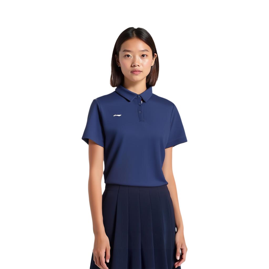 Li-Ning Solid Color Soft Comfortable Breathable Versatile Casual Short Sleeve Polo Shirt Women tops Deep-Blue APLV136-3