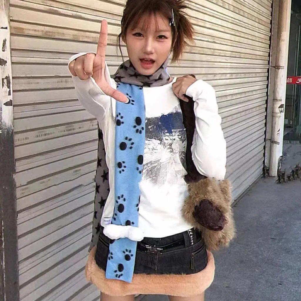 Y2K Star Scarf Vintage Plush Cashmere Longer Scarf Wome Neck Warmer Bone Ornaments Cute Puppy Paw Accessories JK Accessrioes