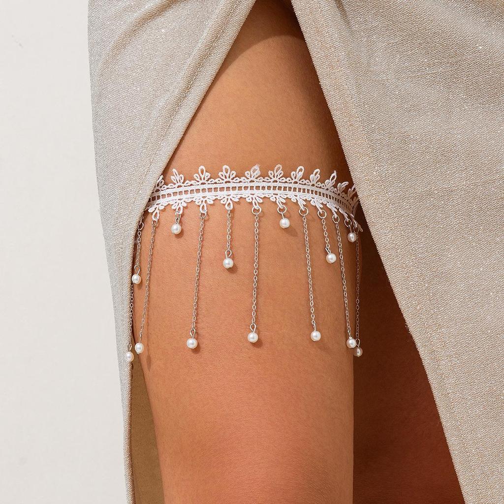Elastic Lace Leg Ring with Alloy Ribbon & Tassel - Fashionable Accessory for Women