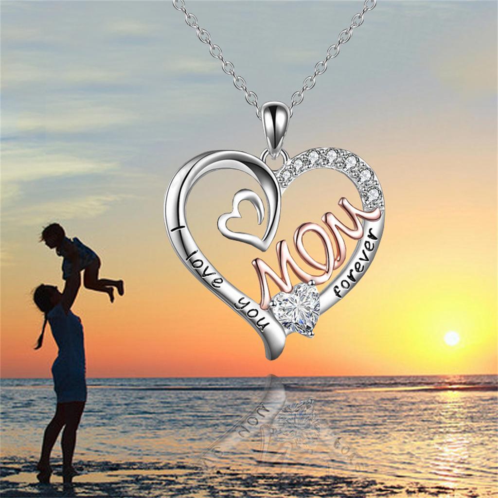 Elegant White K-Plated 'Love Heart' Mom Pendant Necklace Chic & Treasured Gift for Mother's Day