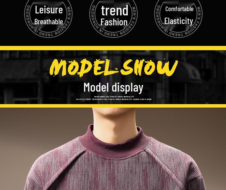 Men's Trendy Retro Print Loose Pullover: Heavyweight Half-High Collar Autumn Hoodie