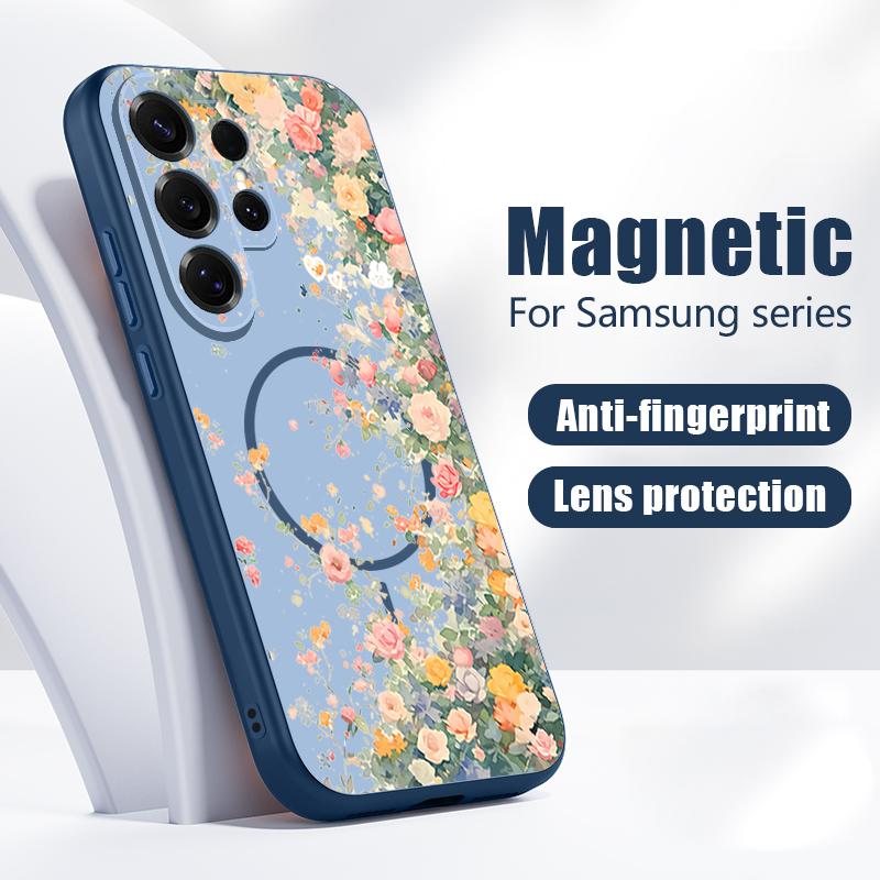 Magnetic For Magsafe Case For Samsung Galaxy S26 Ultra S25 Edge S24 Plus S23 FE S22 A54 A55 A56 5G Flower Garden Pattern Matte Cover