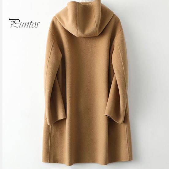Lady Overcoat Women Winter Coat Long Sleeves Single-breasted Hooded Solid Color Pockets Keep Warm Cardigan Single Side Cashmere Wool Large Size Thick